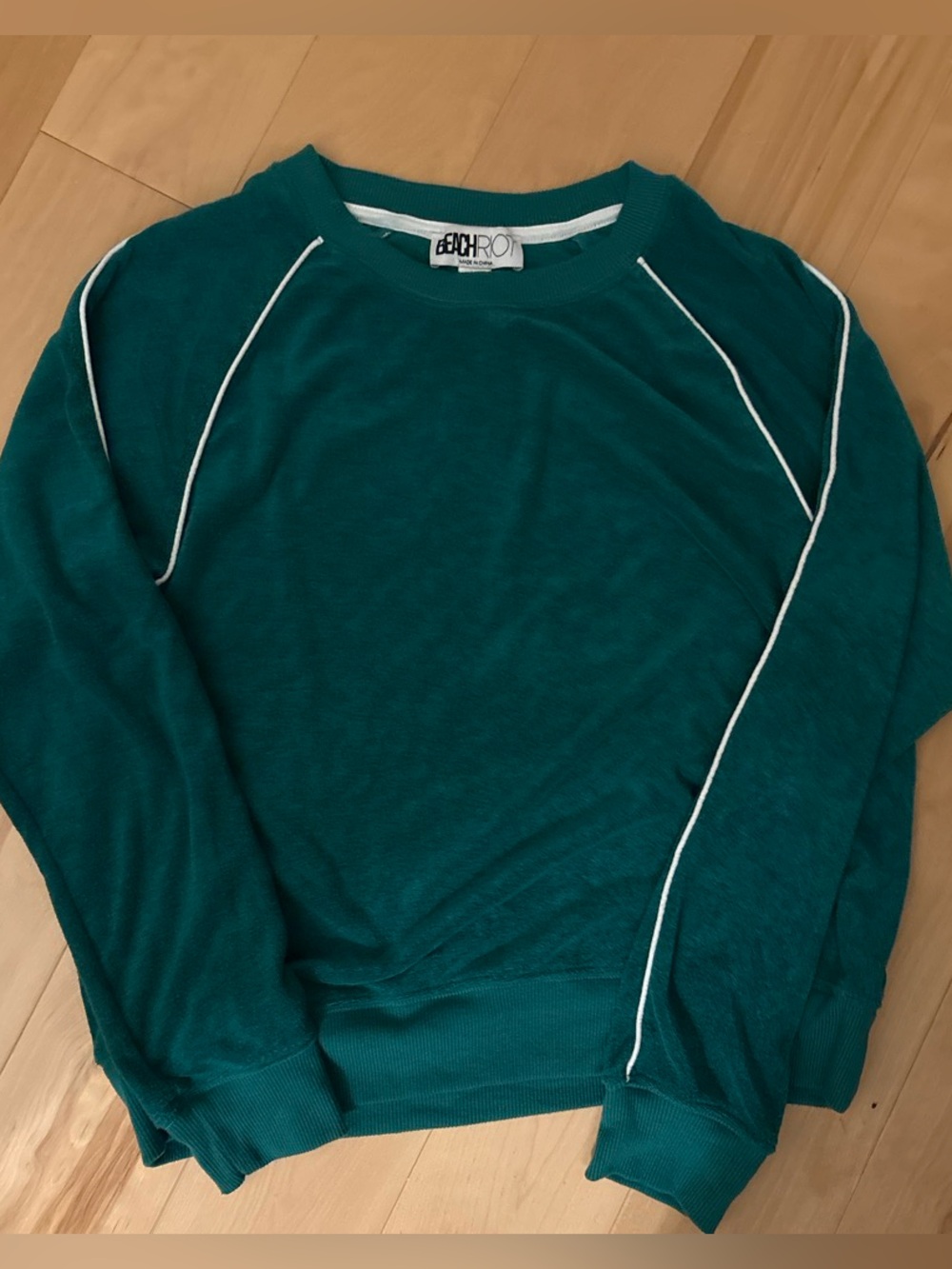 Beach Riot Teal Crewneck Towel Terry Sweatshirt with White Piping
